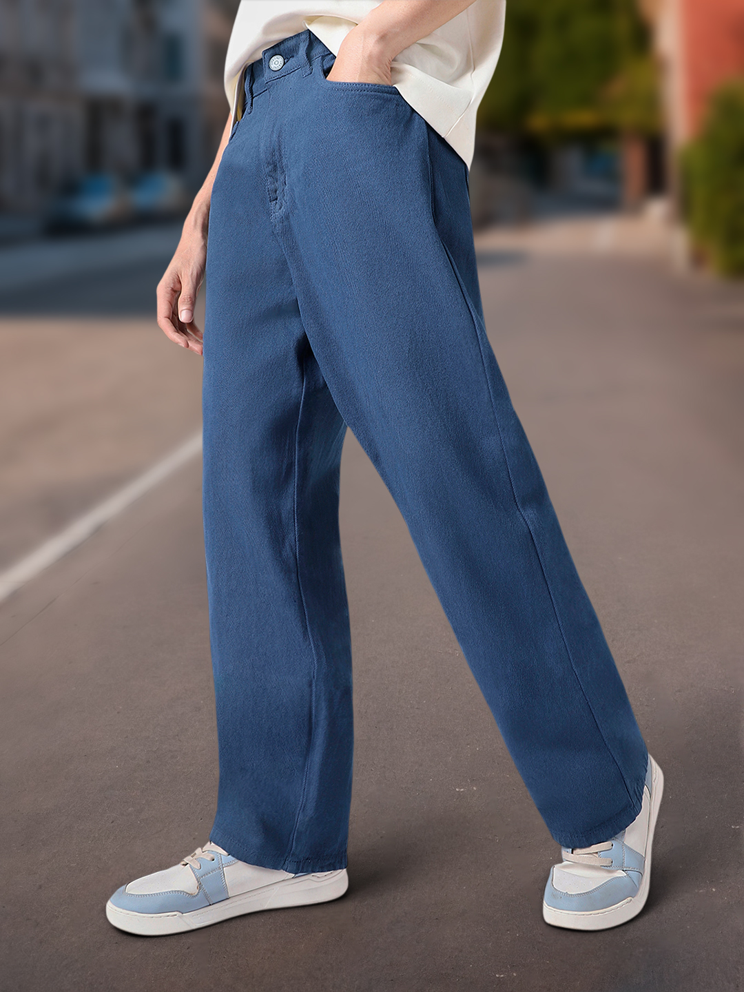 Men's Navy Blue Loose Baggy Fit Washed Jeans Non-Stretchable