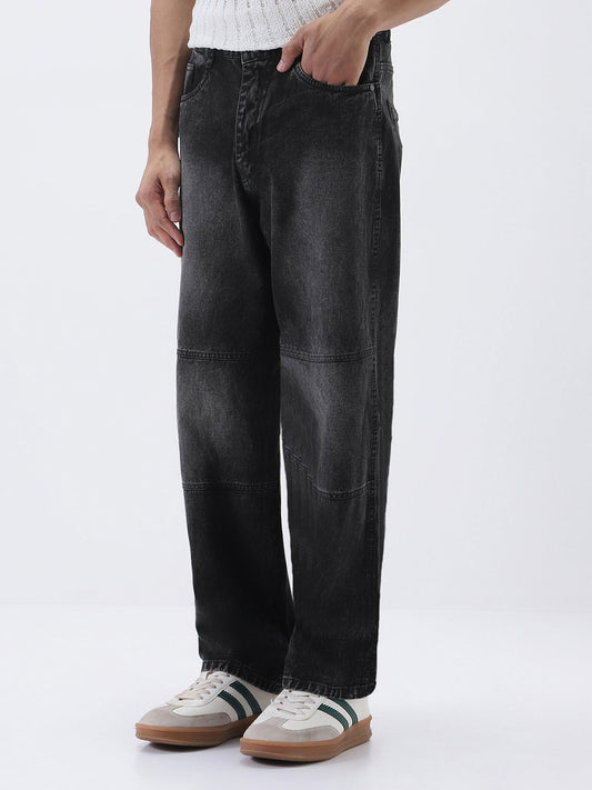 Men's Black Loose Baggy Fit Cut and Sew Panelled Jeans Non-Stretchable