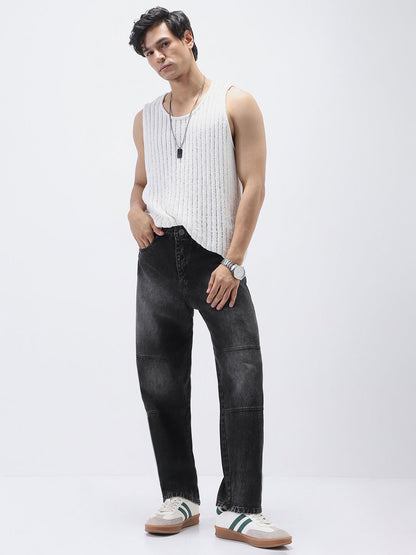 Men's Black Loose Baggy Fit Cut and Sew Panelled Jeans Non-Stretchable