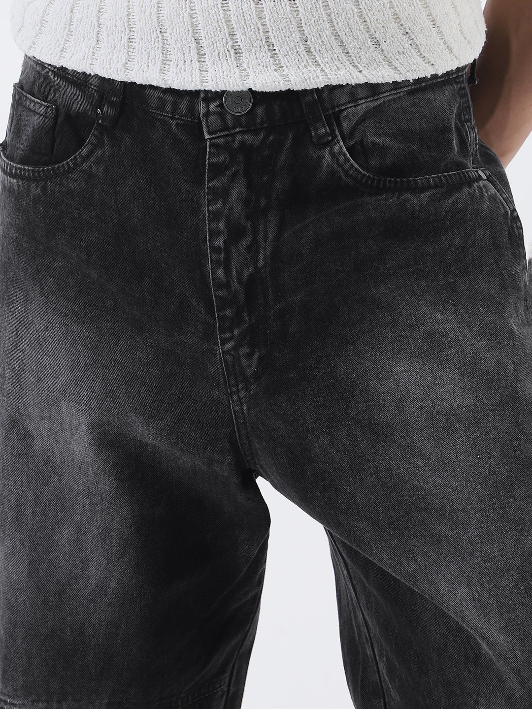 Men's Black Loose Baggy Fit Cut and Sew Panelled Jeans Non-Stretchable