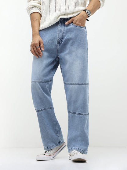 Men's Ice Blue Loose Baggy Fit Cut and Sew Panelled Jeans Non-Stretchable