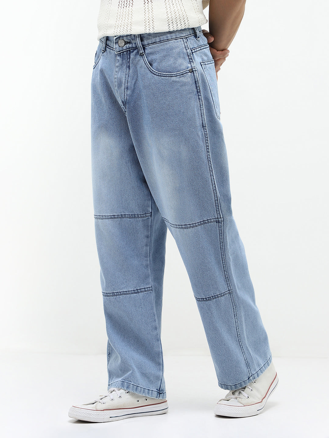Men's Ice Blue Loose Baggy Fit Cut and Sew Panelled Jeans Non-Stretchable