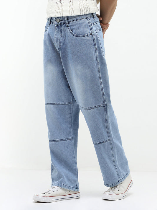 Men's Ice Blue Loose Baggy Fit Cut and Sew Panelled Jeans Non-Stretchable