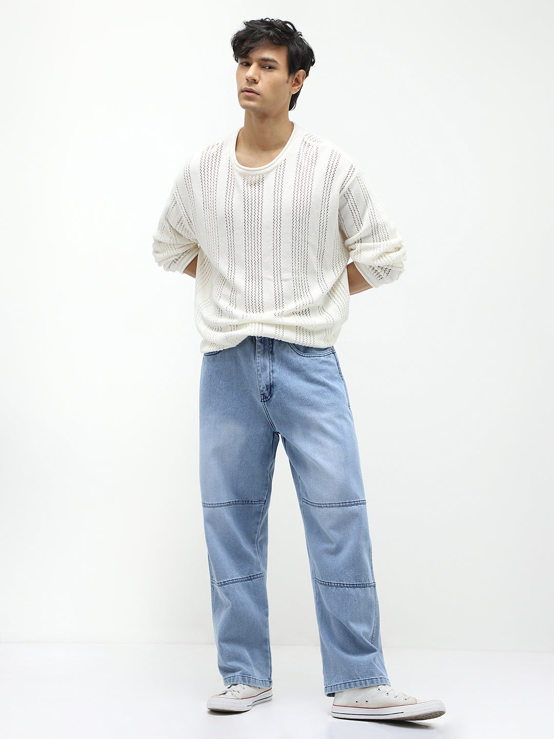 Men's Ice Blue Loose Baggy Fit Cut and Sew Panelled Jeans Non-Stretchable