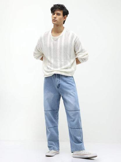 Men's Ice Blue Loose Baggy Fit Cut and Sew Panelled Jeans Non-Stretchable