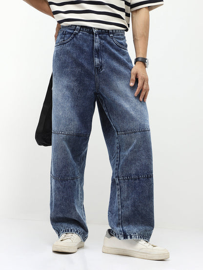 Men's Blue Loose Baggy Fit Cut and Sew Panelled Jeans Non-Stretchable