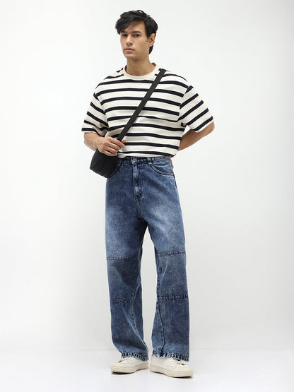 Men's Blue Loose Baggy Fit Cut and Sew Panelled Jeans Non-Stretchable