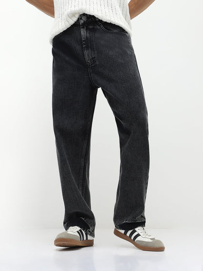 Men's Black  Loose Baggy Fit Washed Jeans Non-Stretchable