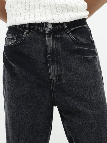 Men's Black  Loose Baggy Fit Washed Jeans Non-Stretchable