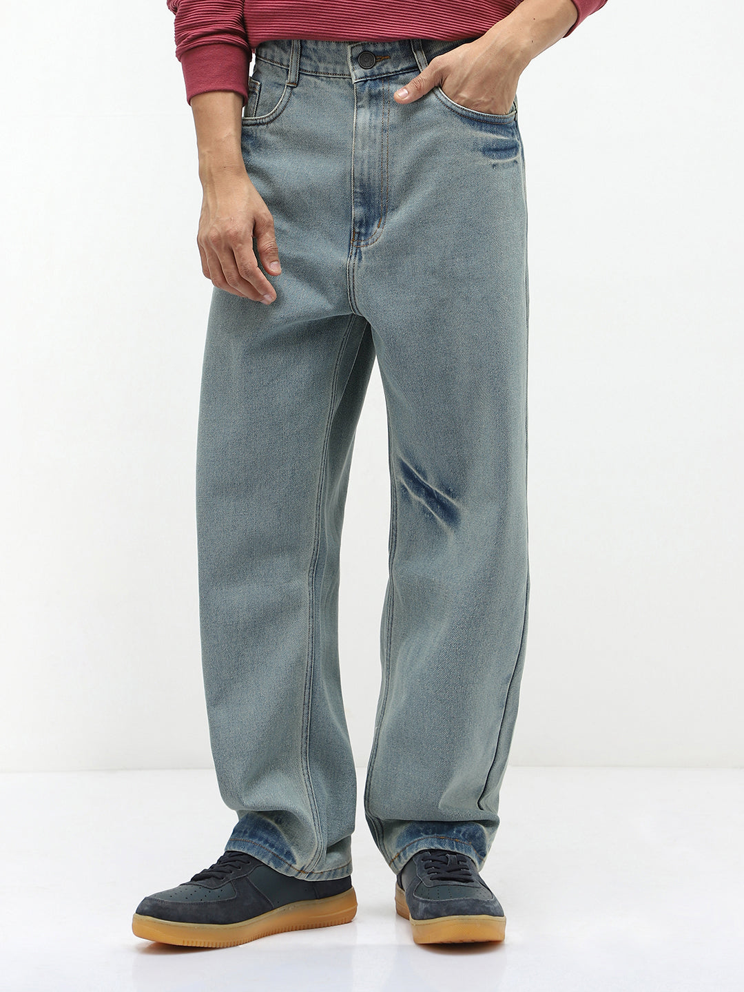 Men's Ice Blue Loose Baggy Fit Washed Jeans Non-Stretchable