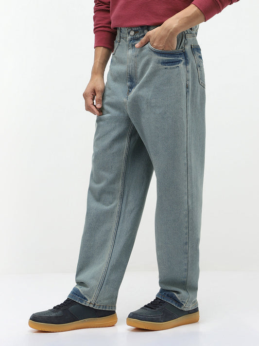 Men's Ice Blue Loose Baggy Fit Washed Jeans Non-Stretchable