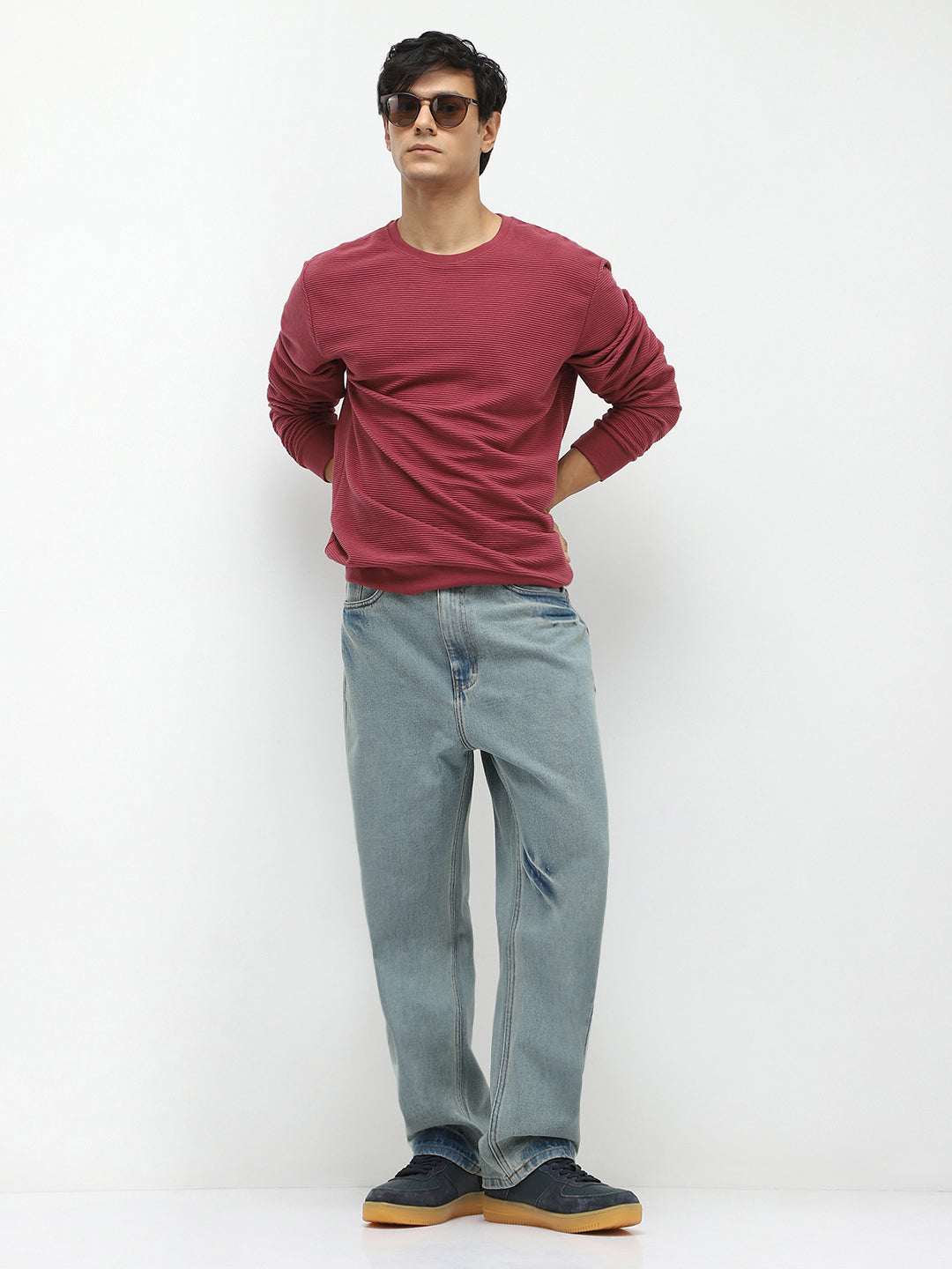 Men's Ice Blue Loose Baggy Fit Washed Jeans Non-Stretchable