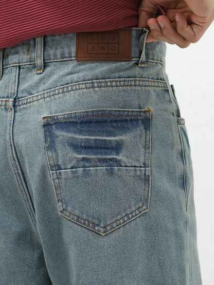 Men's Ice Blue Loose Baggy Fit Washed Jeans Non-Stretchable