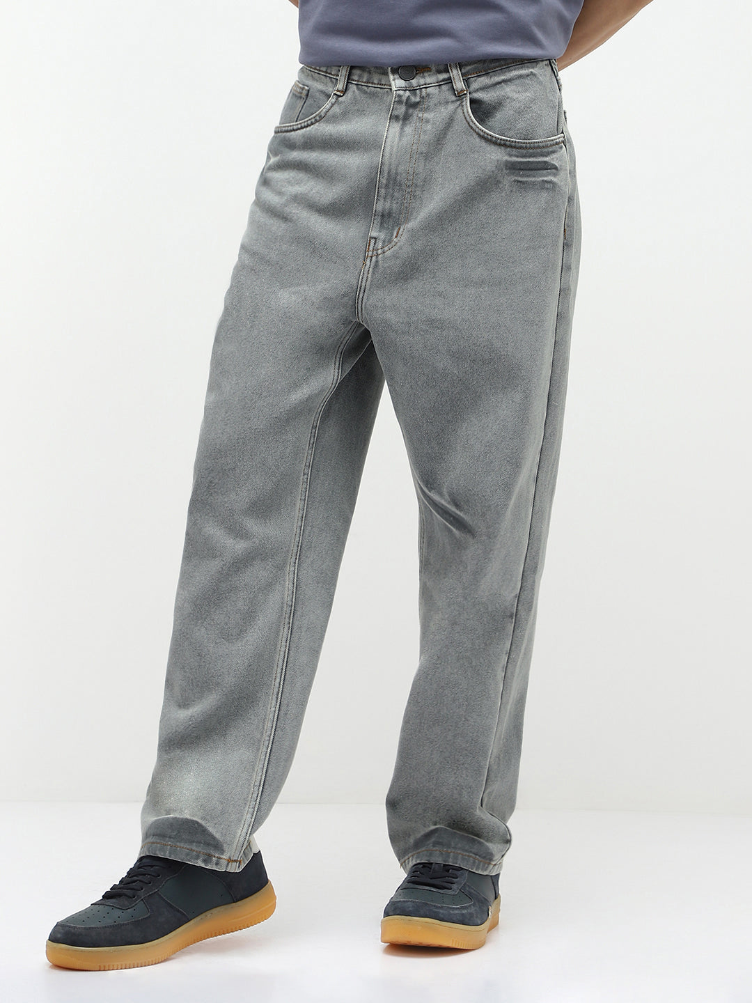 Men's Ice Grey Loose Baggy Fit Washed Jeans Non-Stretchable