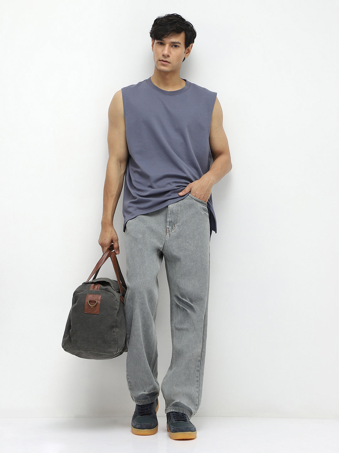 Men's Ice Grey Loose Baggy Fit Washed Jeans Non-Stretchable