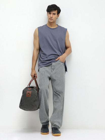 Men's Ice Grey Loose Baggy Fit Washed Jeans Non-Stretchable