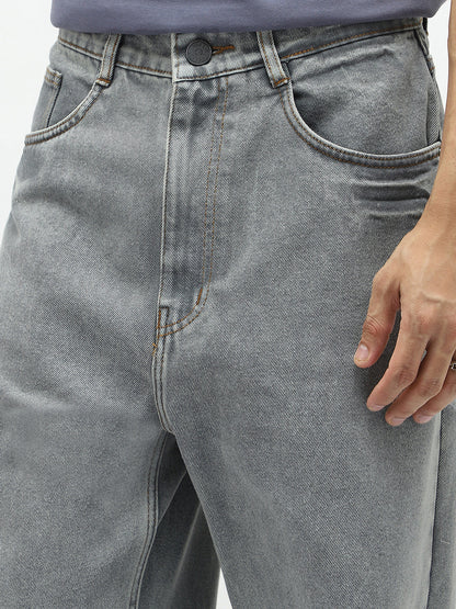 Men's Ice Grey Loose Baggy Fit Washed Jeans Non-Stretchable