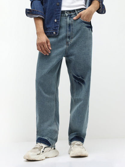 Men's Light Blue  Loose Baggy Fit Washed Jeans Non-Stretchable