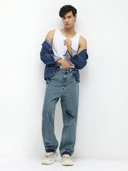 Men's Light Blue  Loose Baggy Fit Washed Jeans Non-Stretchable
