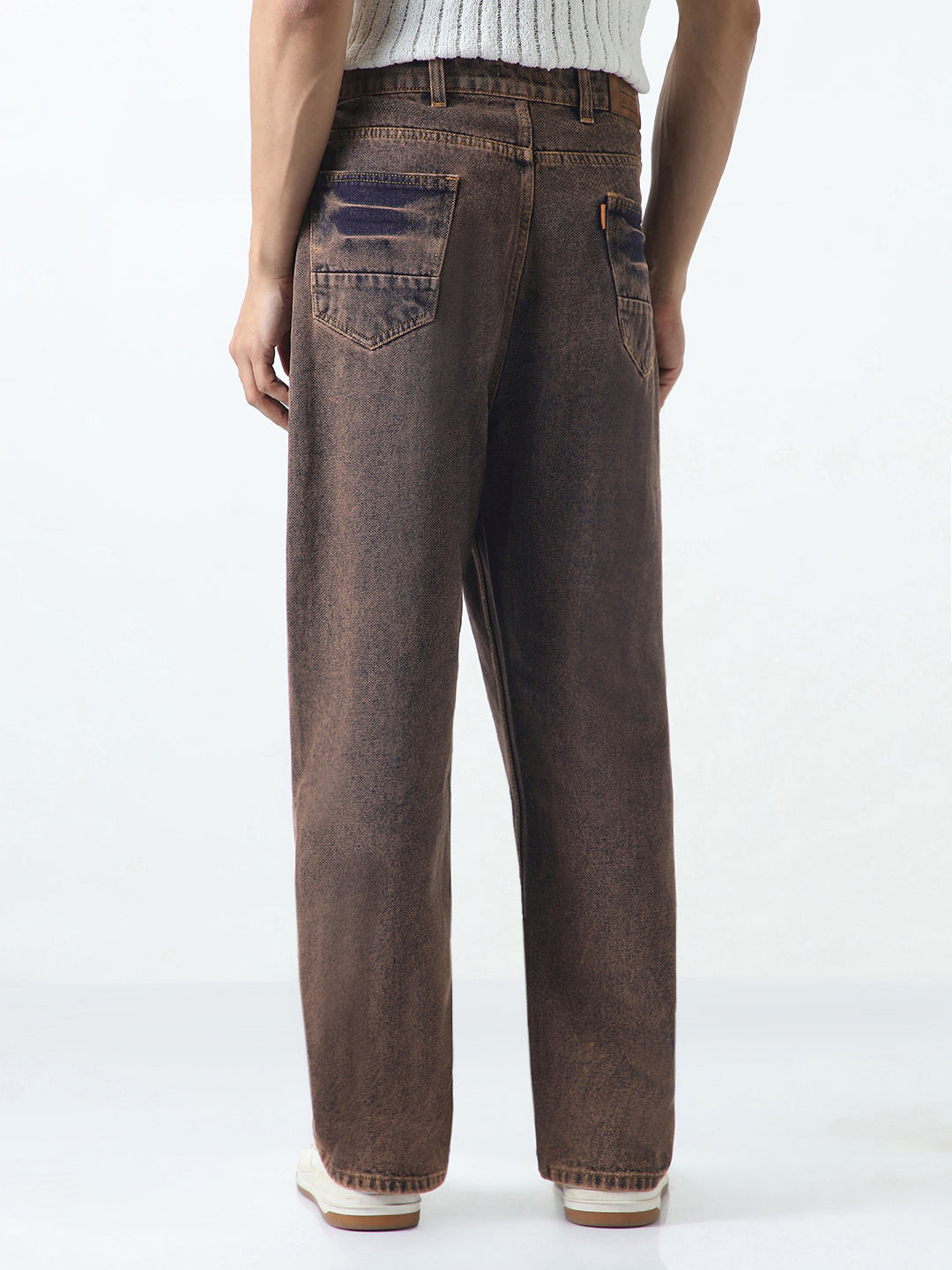 Men's Light Brown Loose Baggy Fit Washed Jeans Non-Stretchable