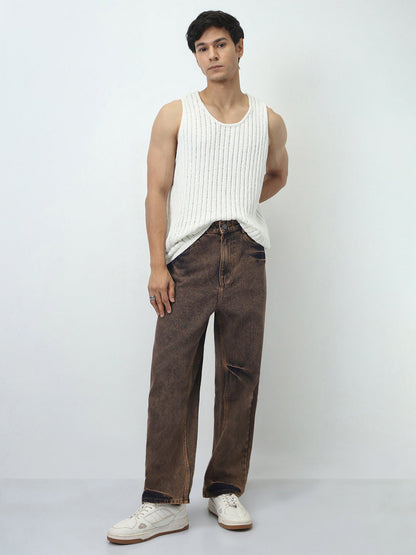 Men's Light Brown Loose Baggy Fit Washed Jeans Non-Stretchable