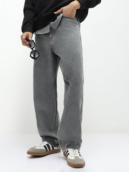 Men's Light Grey Loose Baggy Fit Washed Jeans Non-Stretchable