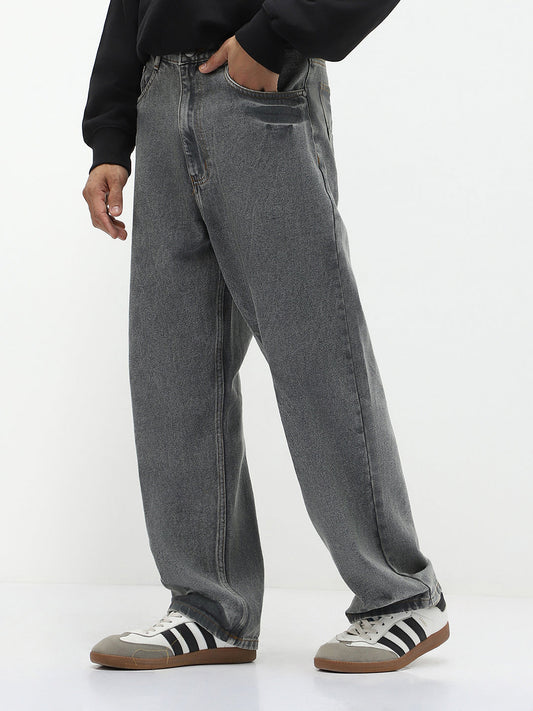 Men's Light Grey Loose Baggy Fit Washed Jeans Non-Stretchable