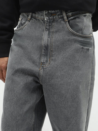 Men's Light Grey Loose Baggy Fit Washed Jeans Non-Stretchable