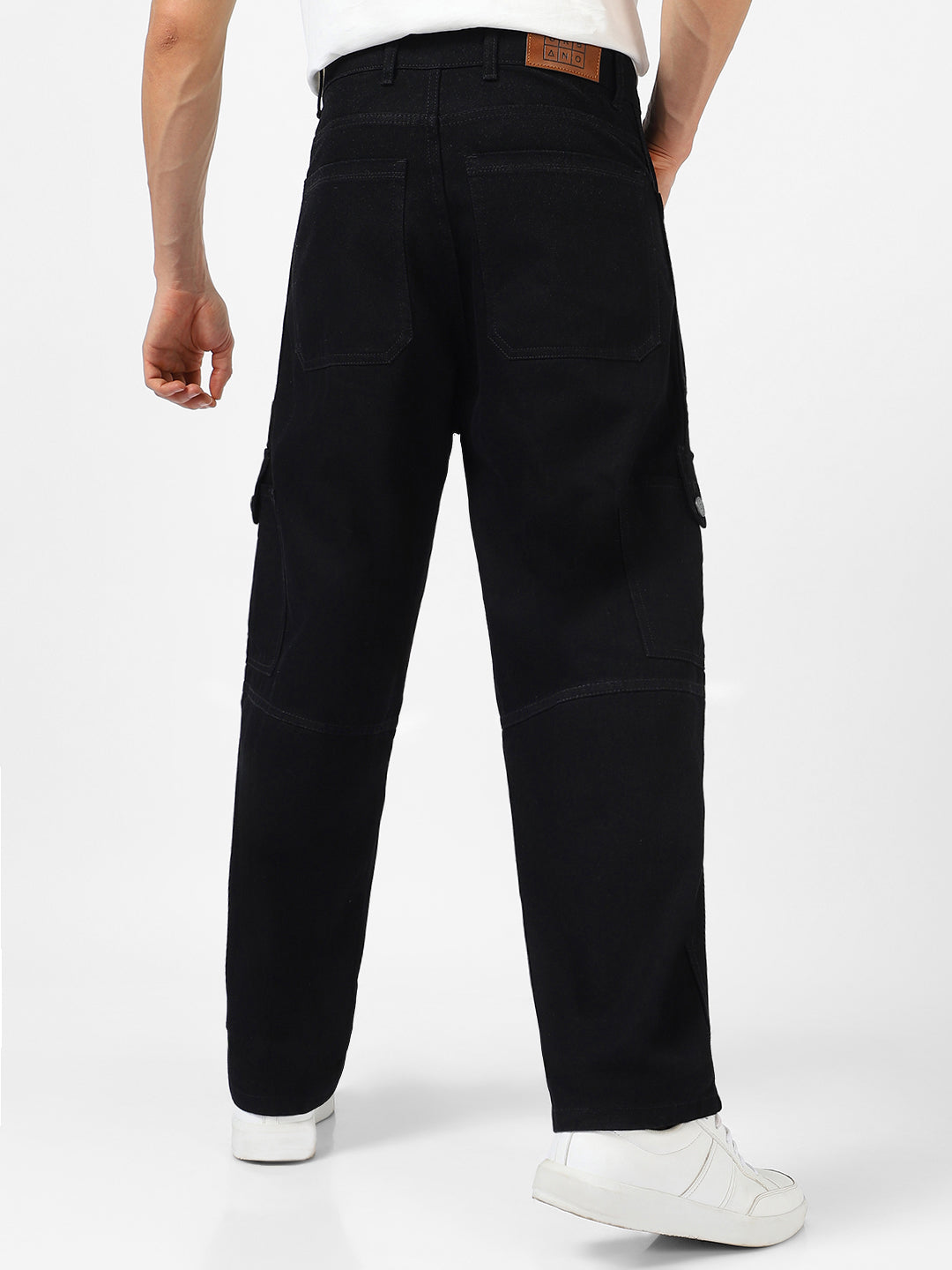 Men's Black Loose Baggy Fit Washed Cargo Jeans with 6 Pockets Non-Stretchable