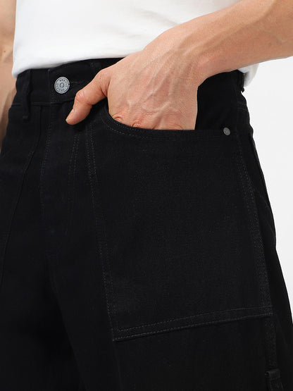 Men's Black Loose Baggy Fit Washed Cargo Jeans with 6 Pockets Non-Stretchable