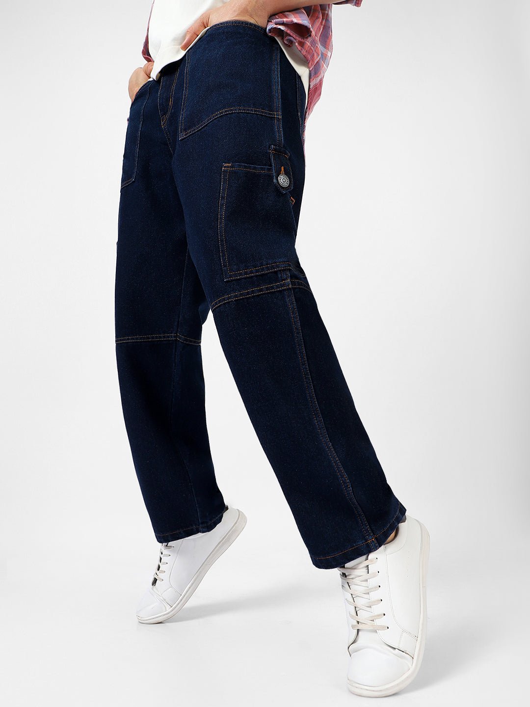 Men's Dark Blue Loose Baggy Fit Washed Cargo Jeans with 6 Pockets Non-Stretchable