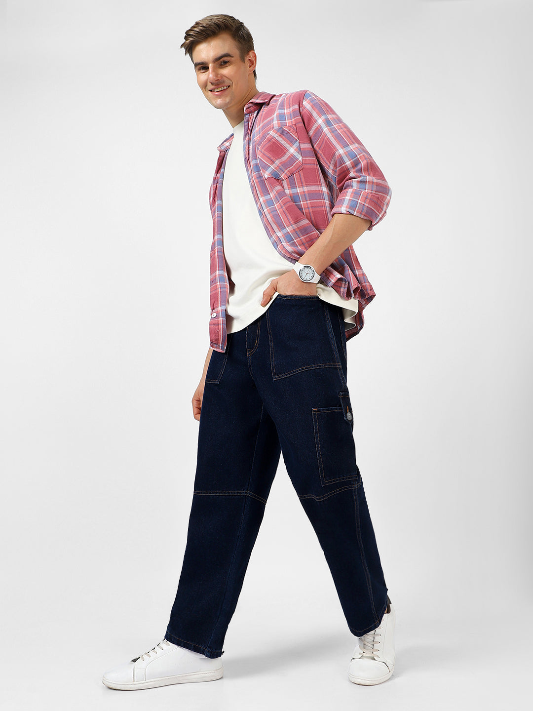 Men's Dark Blue Loose Baggy Fit Washed Cargo Jeans with 6 Pockets Non-Stretchable