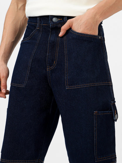 Men's Dark Blue Loose Baggy Fit Washed Cargo Jeans with 6 Pockets Non-Stretchable