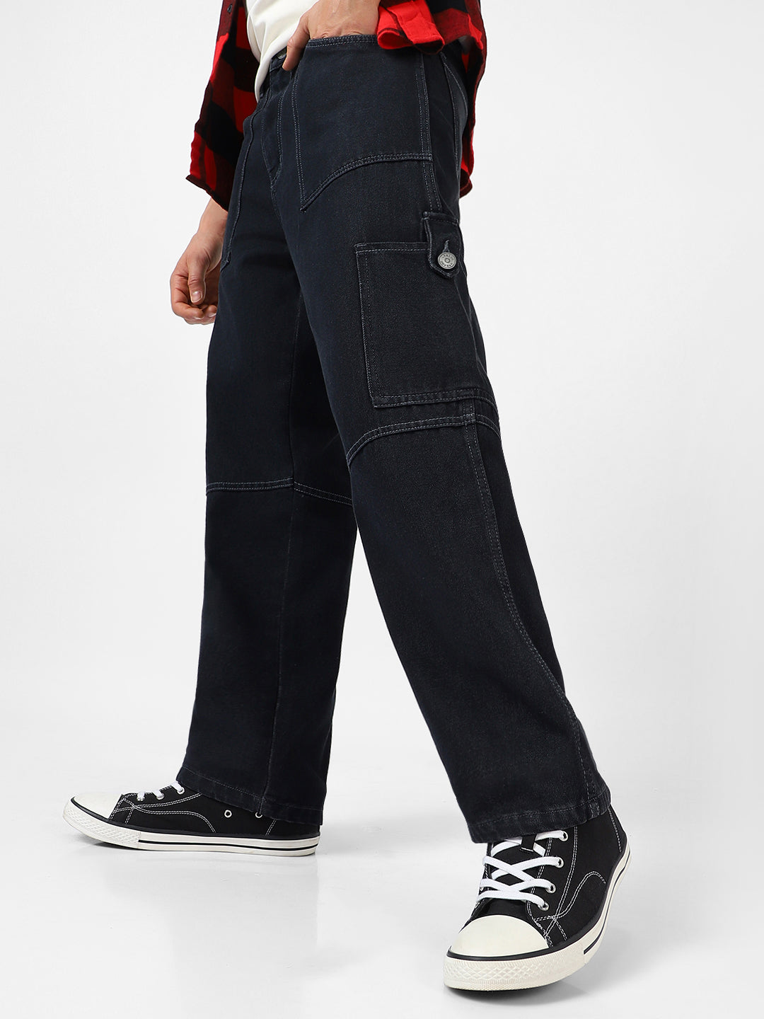 Men's Dark Grey Loose Baggy Fit Washed Cargo Jeans with 6 Pockets Non-Stretchable