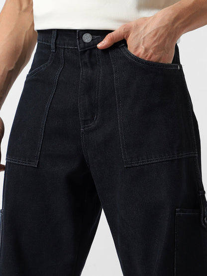 Men's Dark Grey Loose Baggy Fit Washed Cargo Jeans with 6 Pockets Non-Stretchable