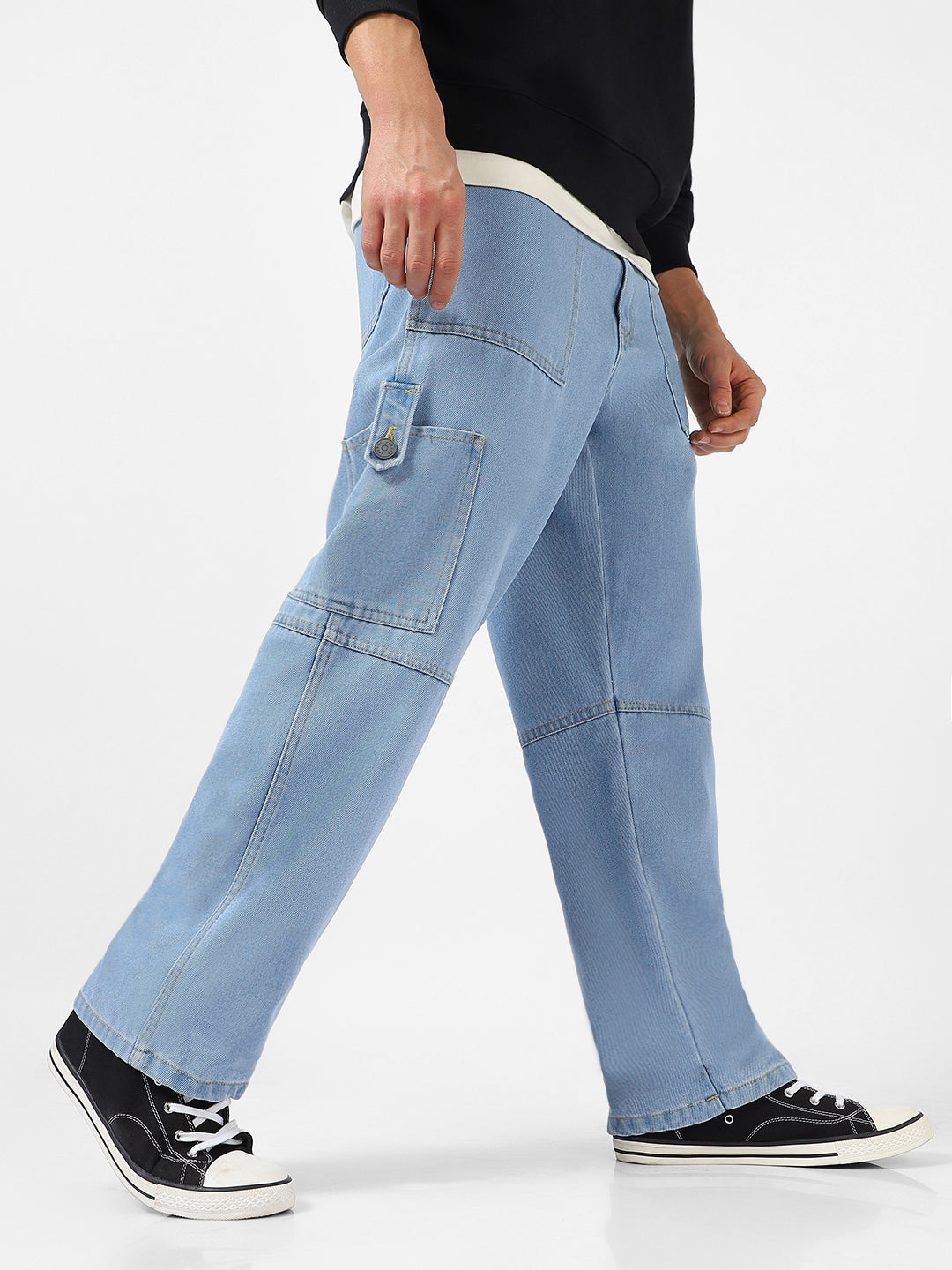 Men's Ice Blue Loose Baggy Fit Washed Cargo Jeans with 6 Pockets Non-Stretchable