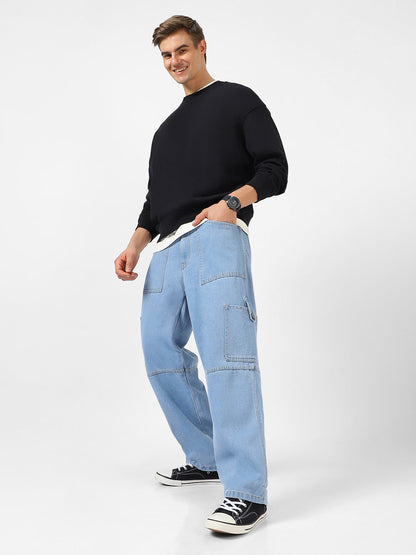 Men's Ice Blue Loose Baggy Fit Washed Cargo Jeans with 6 Pockets Non-Stretchable