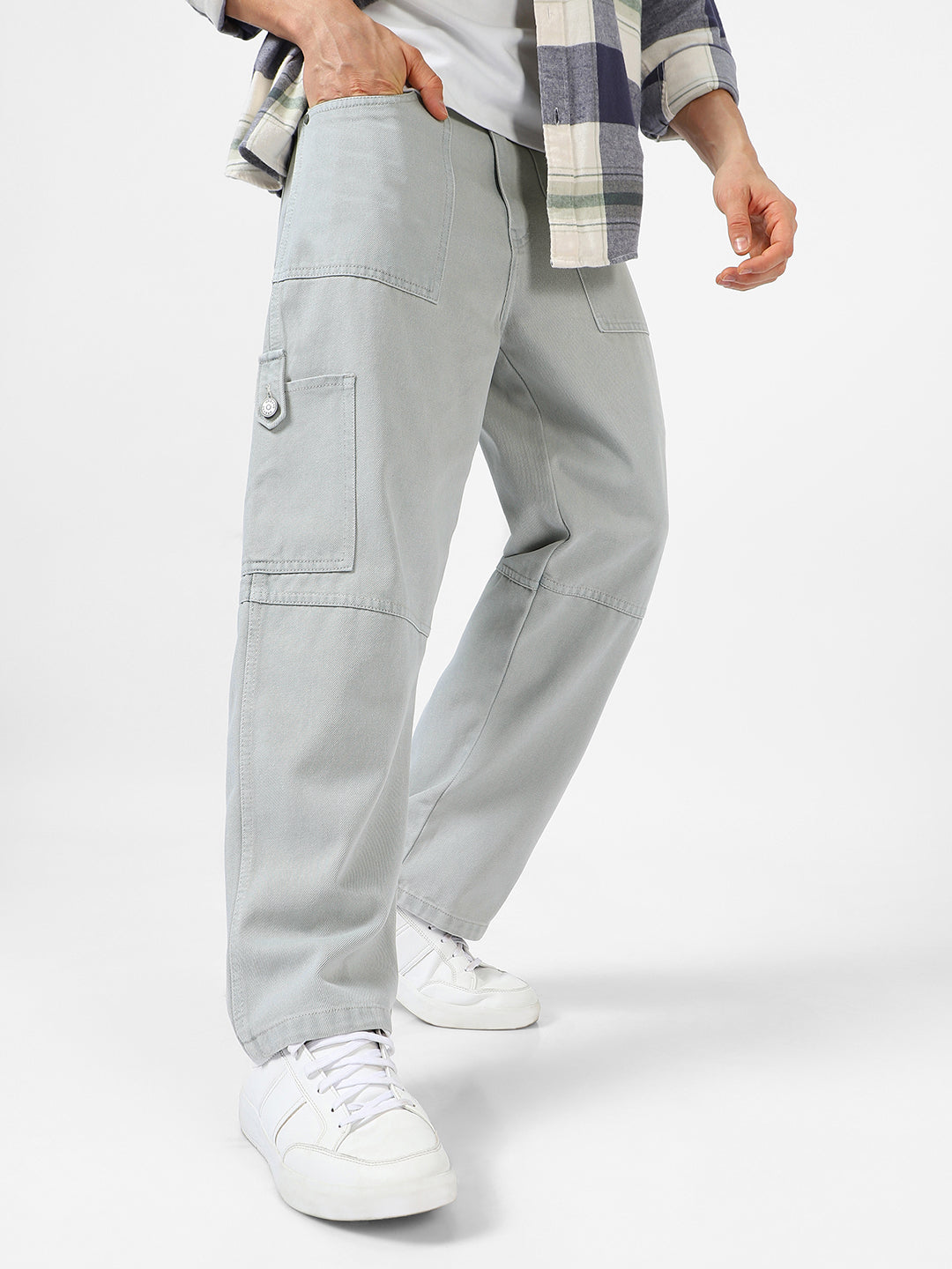 Men's Ice Grey Loose Baggy Fit Washed Cargo Jeans with 6 Pockets Non-Stretchable