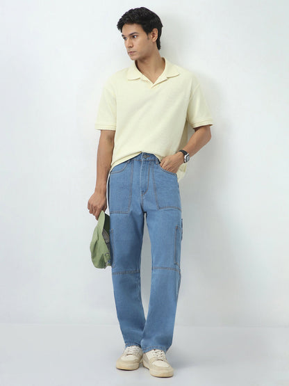 Men's Light Blue Loose Baggy Fit Washed Cargo Jeans with 6 Pockets Non-Stretchable
