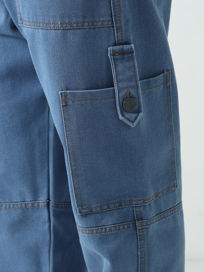 Men's Light Blue Loose Baggy Fit Washed Cargo Jeans with 6 Pockets Non-Stretchable