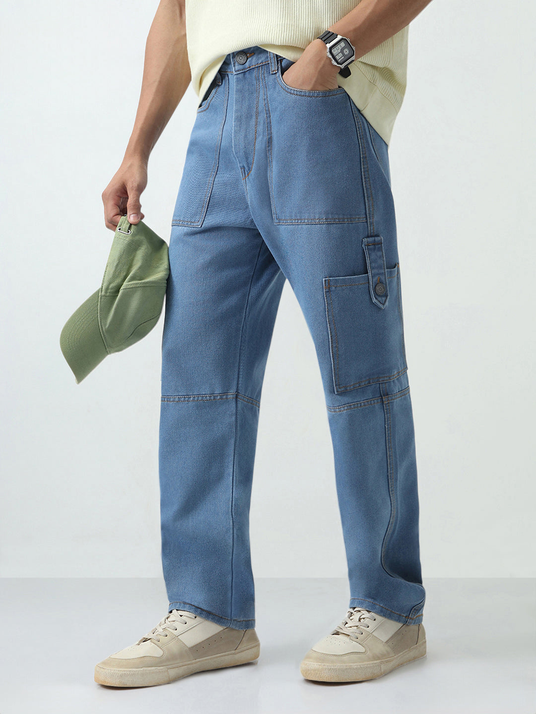 Men's Light Blue Loose Baggy Fit Washed Cargo Jeans with 6 Pockets Non-Stretchable