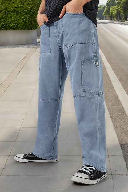 Men's Light Grey Loose Baggy Fit Washed Cargo Jeans with 6 Pockets Non-Stretchable