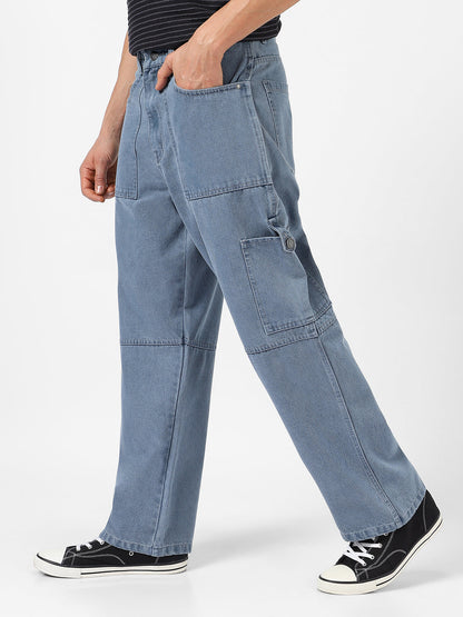 Men's Light Grey Loose Baggy Fit Washed Cargo Jeans with 6 Pockets Non-Stretchable