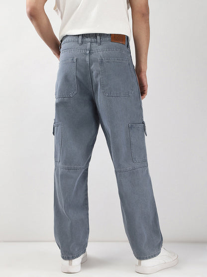 Men's Light Grey Loose Baggy Fit Washed Cargo Jeans with 6 Pockets Non-Stretchable