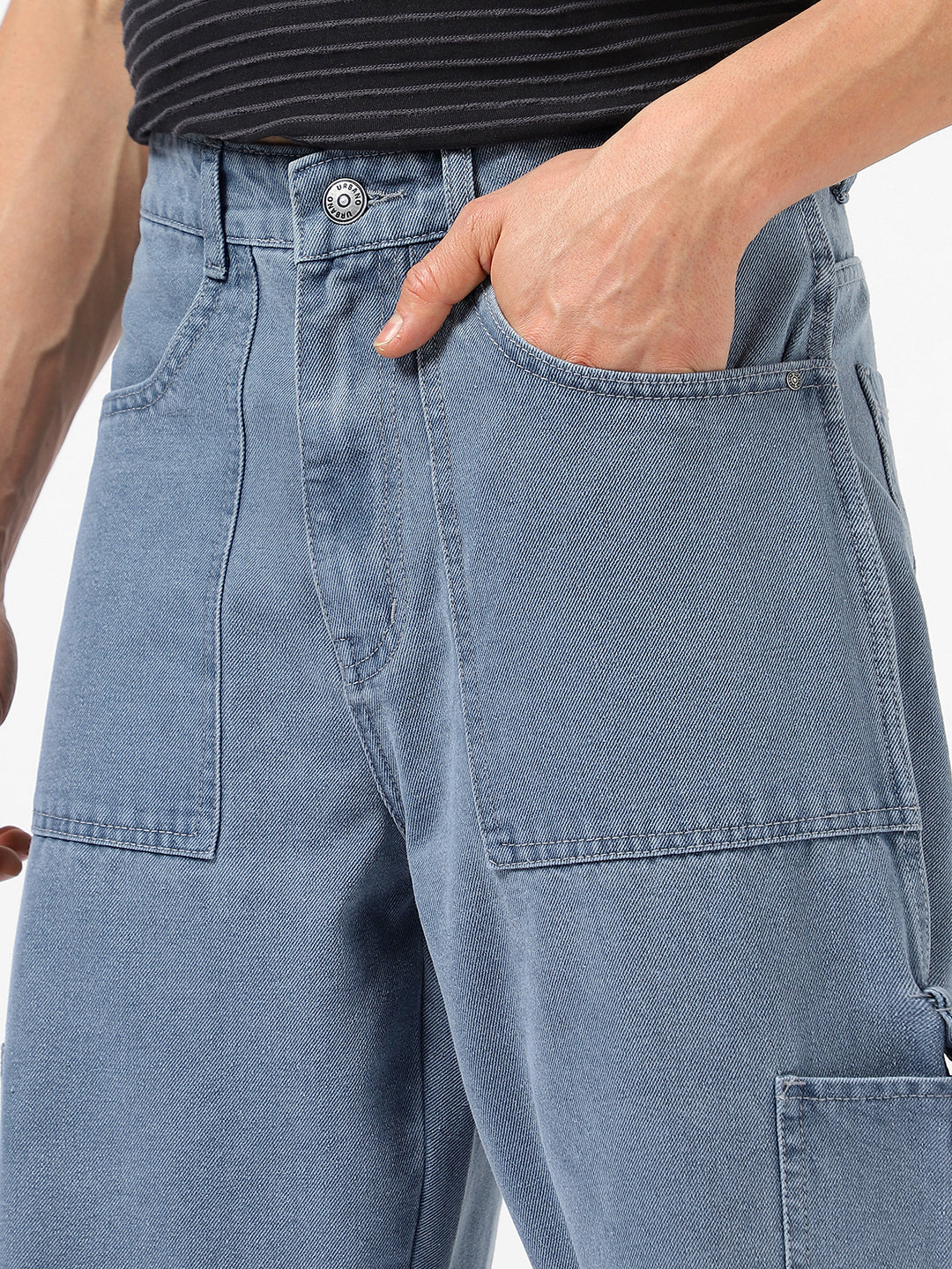 Men's Light Grey Loose Baggy Fit Washed Cargo Jeans with 6 Pockets Non-Stretchable