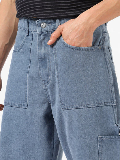 Men's Light Grey Loose Baggy Fit Washed Cargo Jeans with 6 Pockets Non-Stretchable