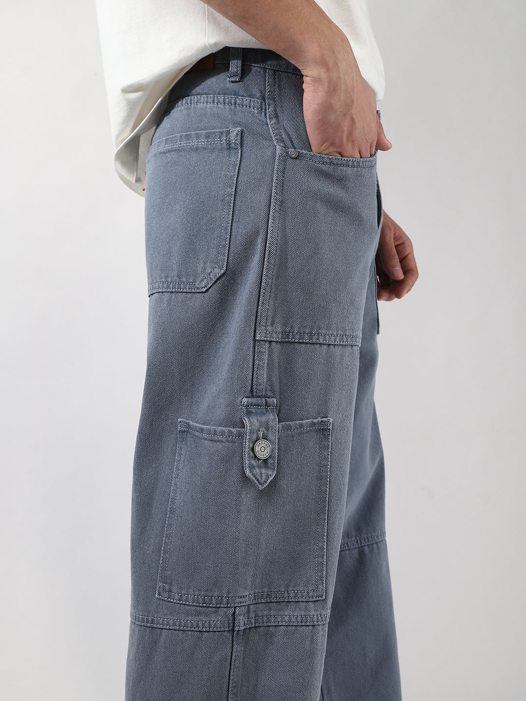 Men's Light Grey Loose Baggy Fit Washed Cargo Jeans with 6 Pockets Non-Stretchable