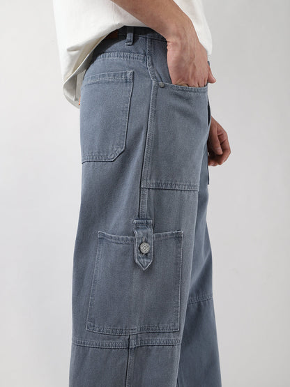 Men's Light Grey Loose Baggy Fit Washed Cargo Jeans with 6 Pockets Non-Stretchable