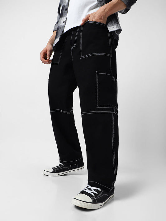 Men's Black Loose Baggy Fit Washed Cargo Jeans with 6 Pockets Non-Stretchable