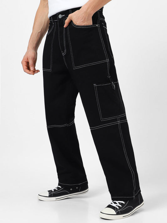 Men's Black Loose Baggy Fit Washed Cargo Jeans with 6 Pockets Non-Stretchable